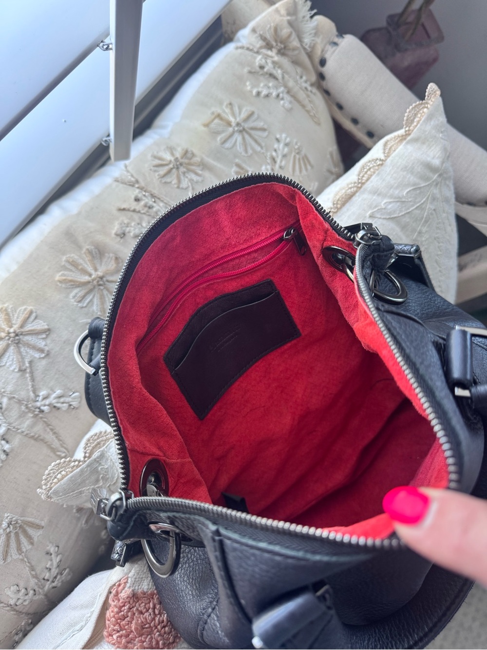 Hammitt Los Angeles Black Pebbled Leather Satchel Crossbody Red Suede - Picture 7 of 14